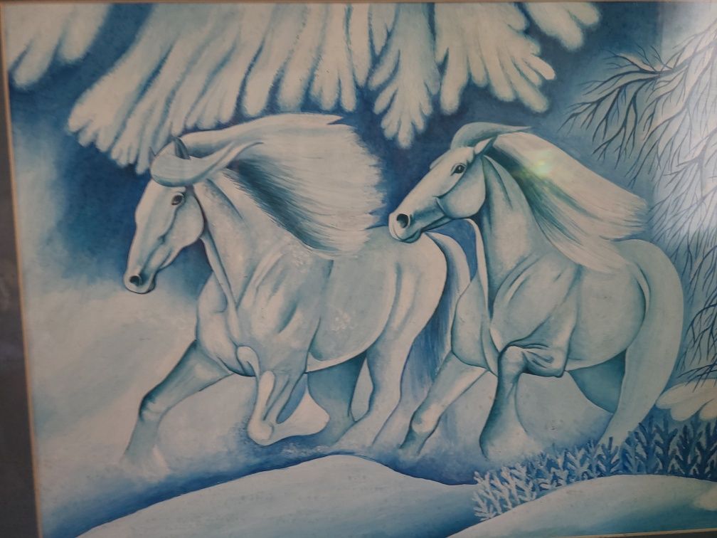 Картина "Зимові коні" в рамці зі склом та паспарту 30*40