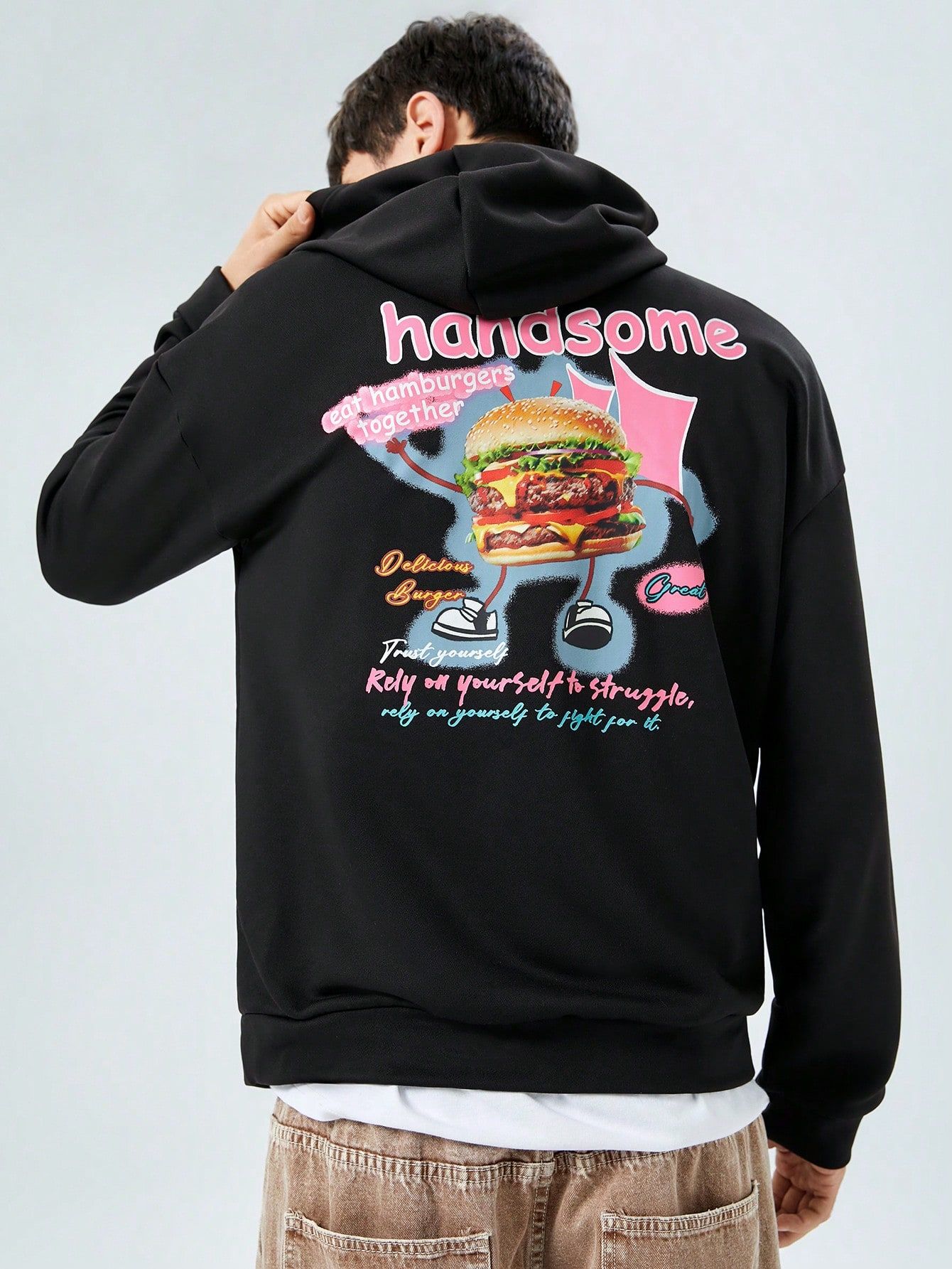 Bluza Męska Z Kapturem Nadruk Na Plecach Hamburger Casual Shein L
