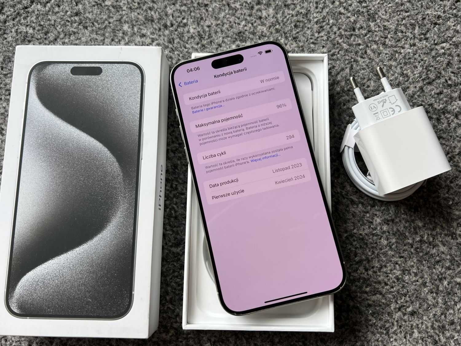 iPhone 15 Pro Max 256GB WHITE BIAŁY SILVER Titanium Bateria 96% FV23%