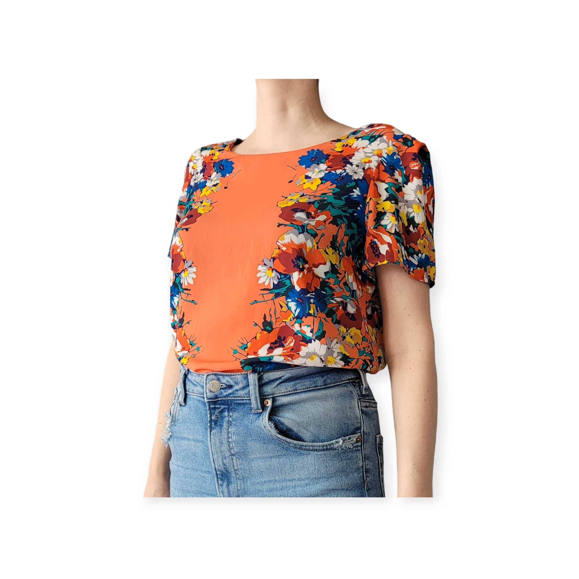 Pomarańczowa zwiewna bluzka damska M w kwiaty koszulka top boho lato