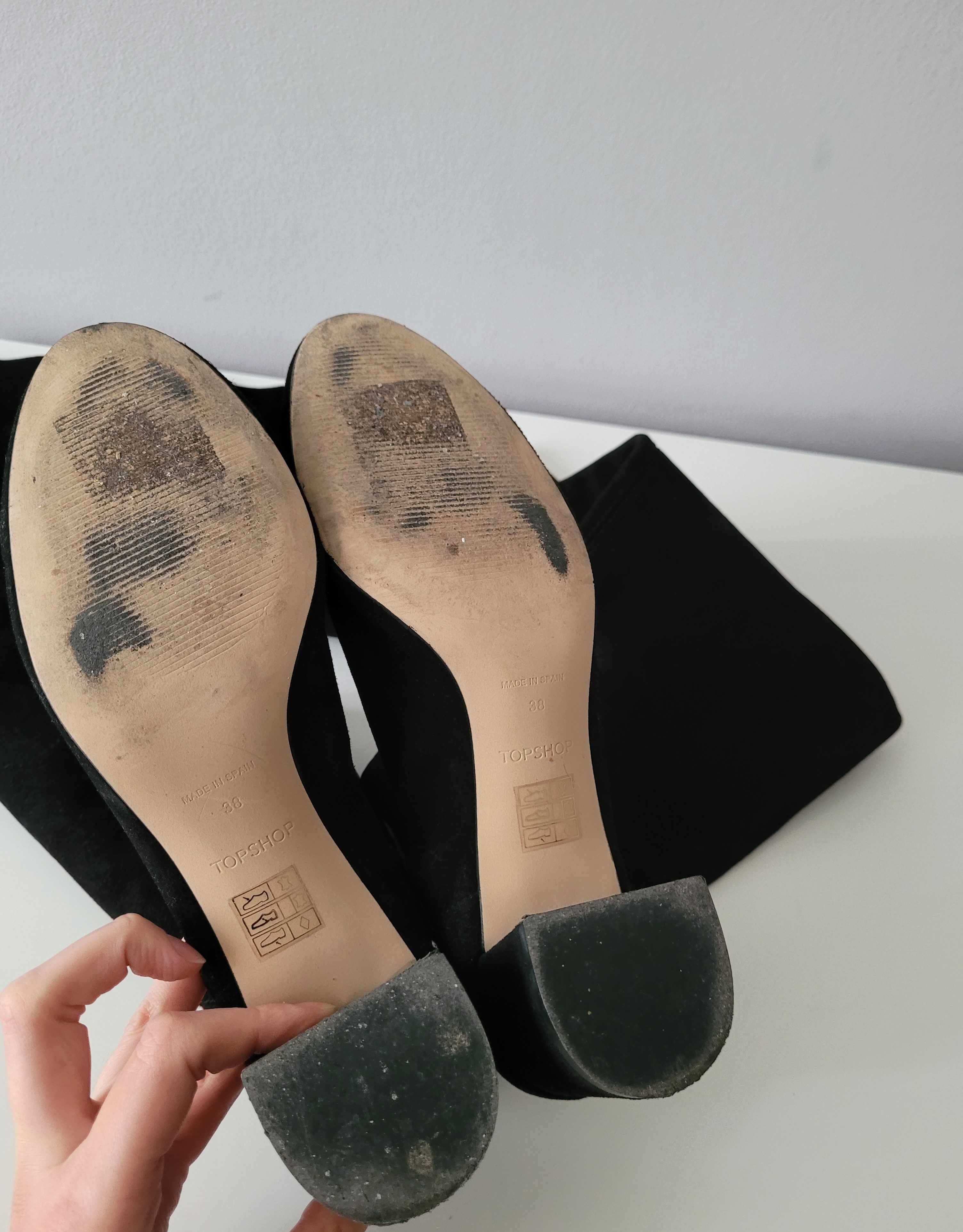 Topshop czarne kozaki muszkieterki na obcasie zamsz zamszowe skóra 38