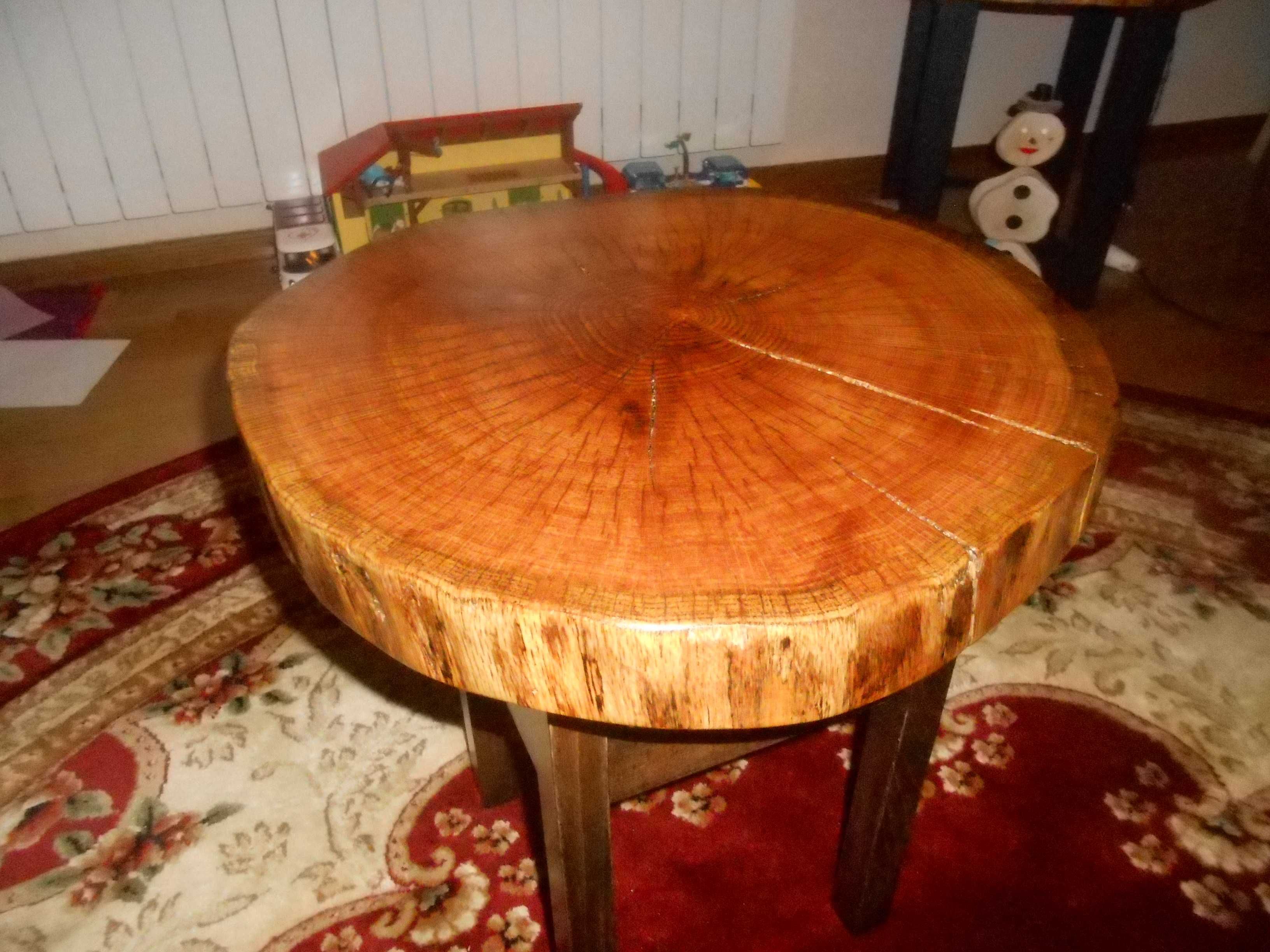 Stolik kawowy, blat dębowy, lite drewno śr. 48 cm