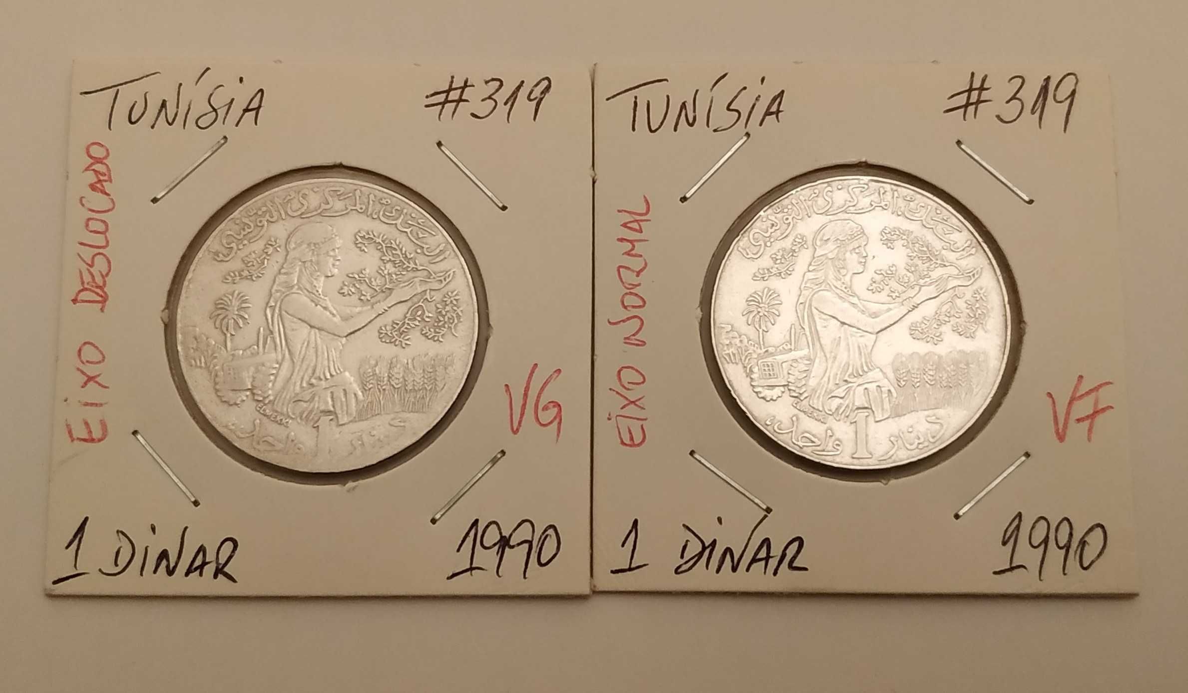 Tunisia 1 dinar 1990 (duas moedas, uma com eixo deslocado)