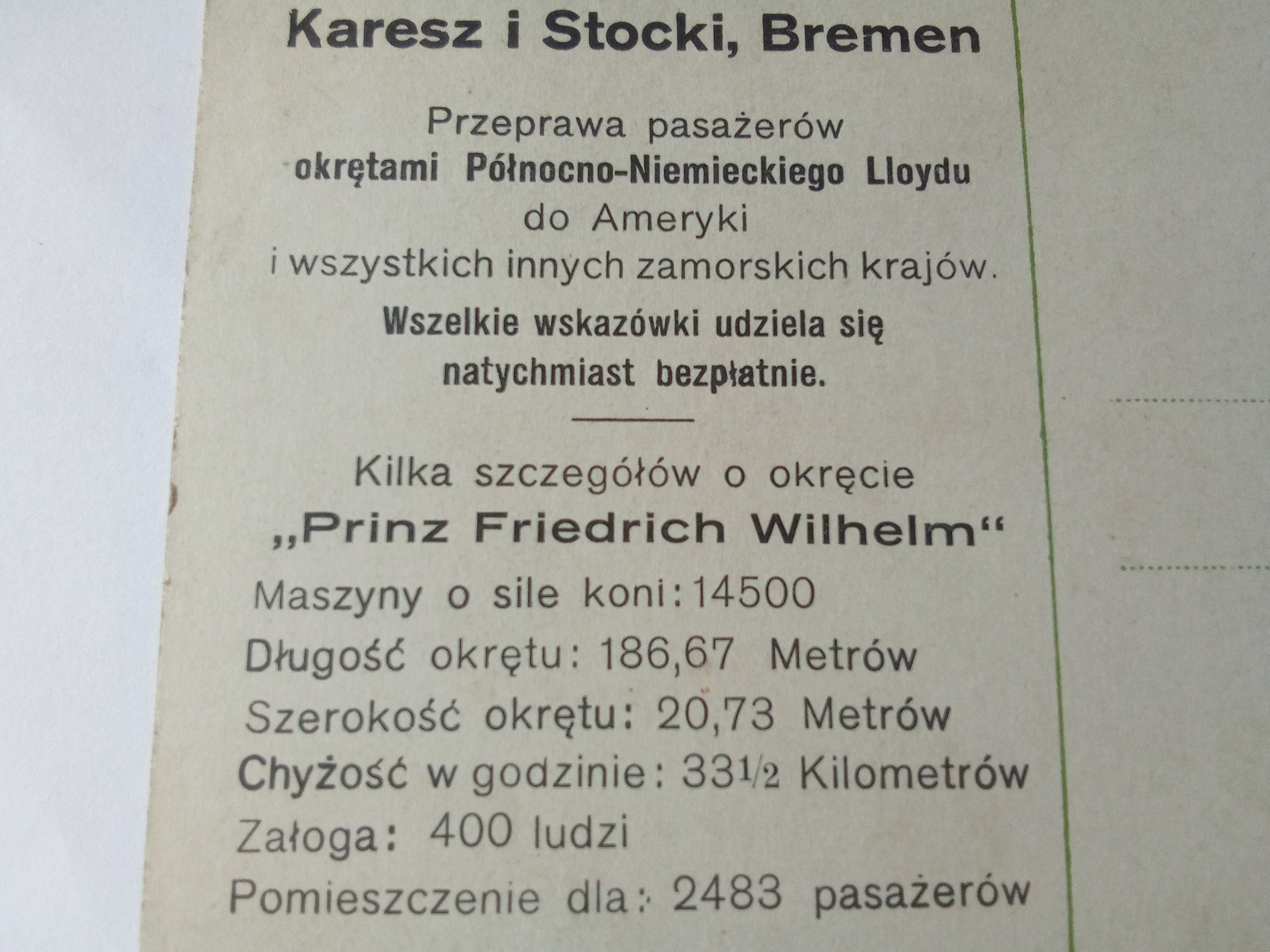 Unikatowa pocztówka Trans Atlantic ,,Karesz i Stocki Bremen '' 100 lat