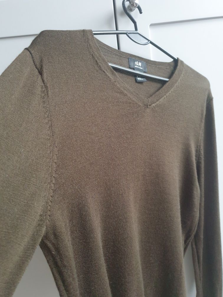Męski sweter wełniany merino H&M M khaki