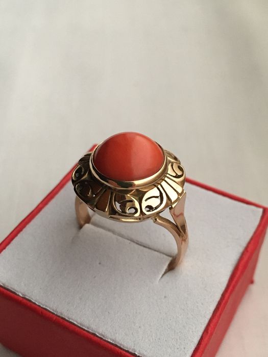 Pierścionek koronka 14k złoty nat. koral