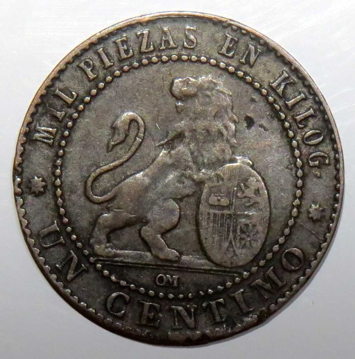 Espanha 2 Moedas de 1 Centimo 1870 Dinheiro de Emergencia. MBC - 1,5€