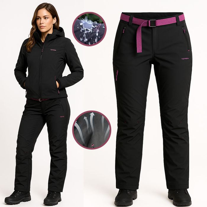 Spodnie damskie trekkingowe SOFTSHELL czarne wodoodporne ocieplane M