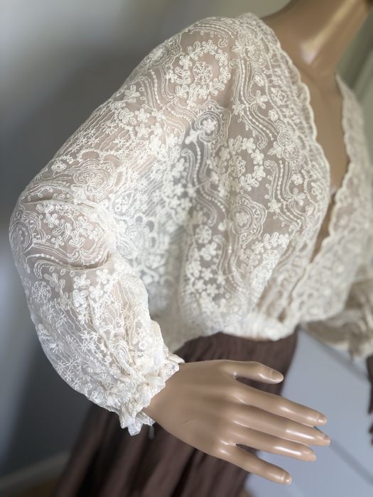 Dwuczęściowa suknia do sesji ciążowej, brąz i koronka boho rustykalna