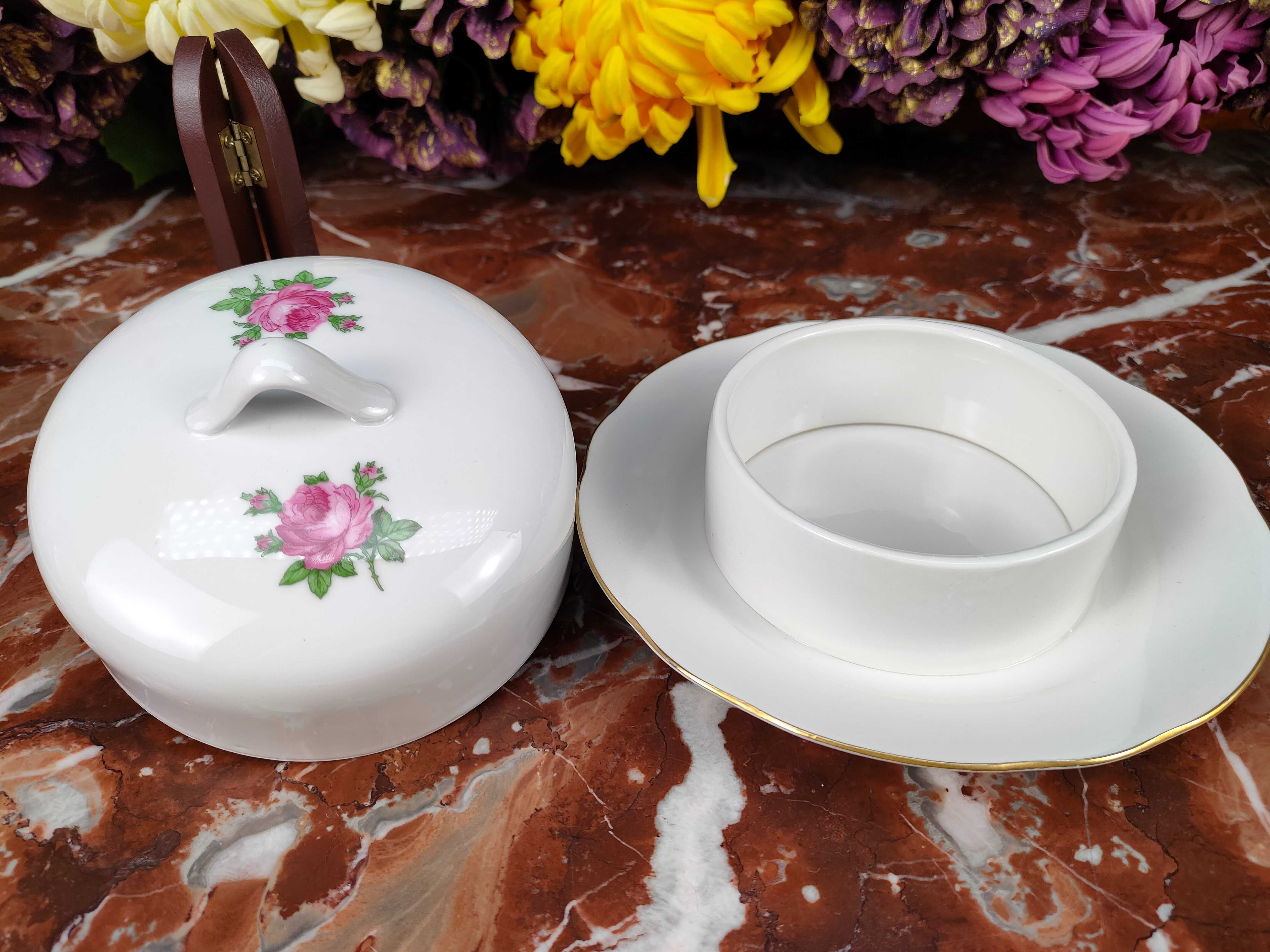 Ładna okrągła porcelanowa maselniczka - Różowe róże - Kahla #1