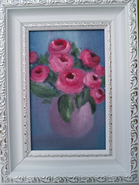 Картина маслом Розы в вазе холст 10х15 см Живопись в рамке Подарок