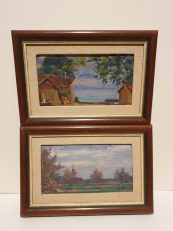2 pequenas antigas pinturas de paisagens em guache sobre platex