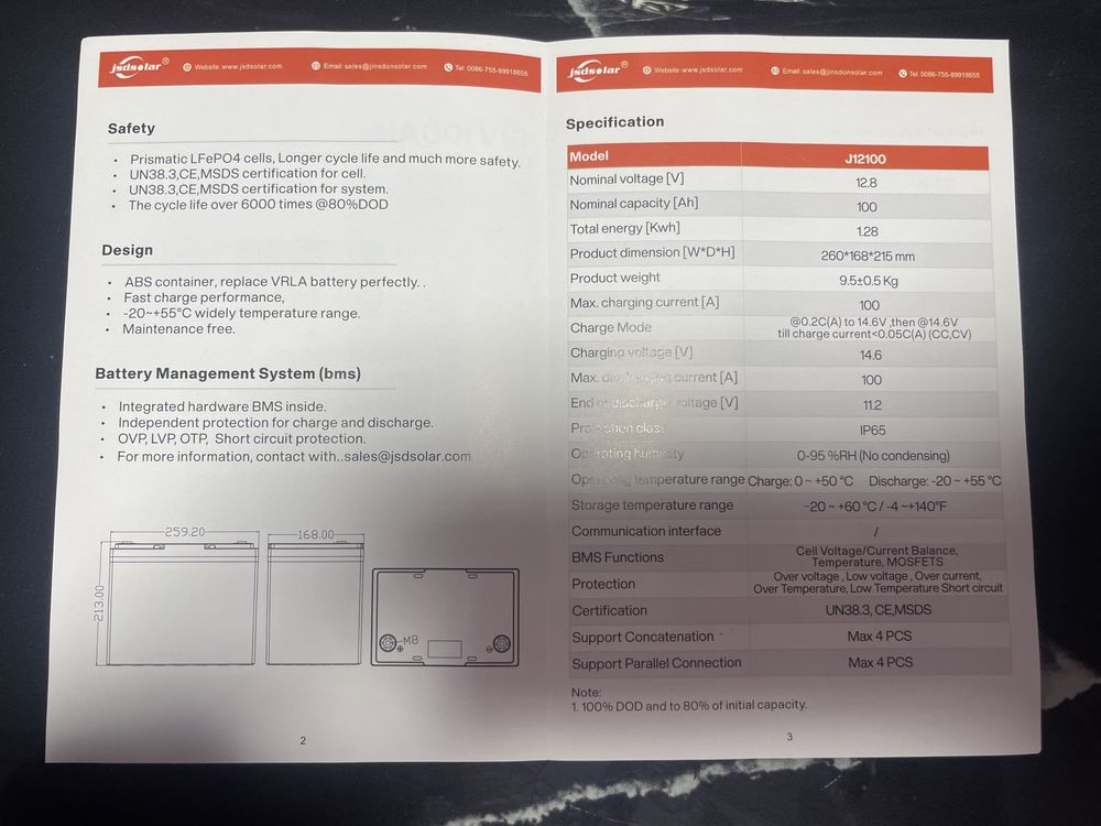 Аккумулятор JSDSOLAR LiFePO4 12V 100Ah