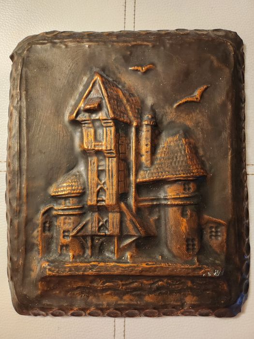 Obraz miedziany płaskorzeźba Żuraw Gdańsk metaloplastyka lata 70