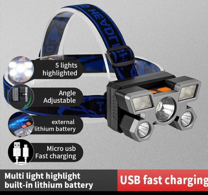 USB recarregável farol portátil 5LED