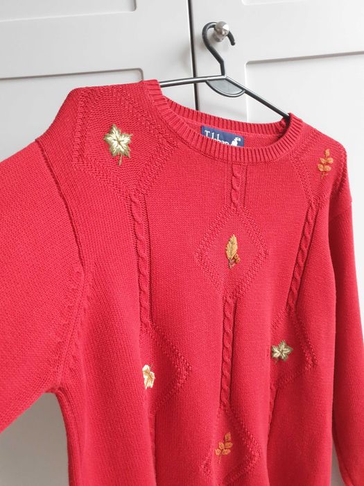 Czerwony sweter retro haftowany w liście Tulchan vintage L 40