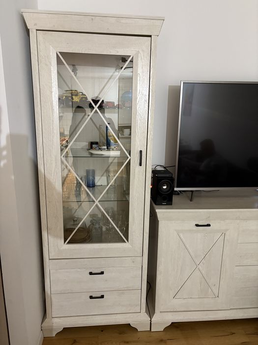 Meble do salonu 210 cm – komoda + witryna, jasne drewno, Stylowe meble