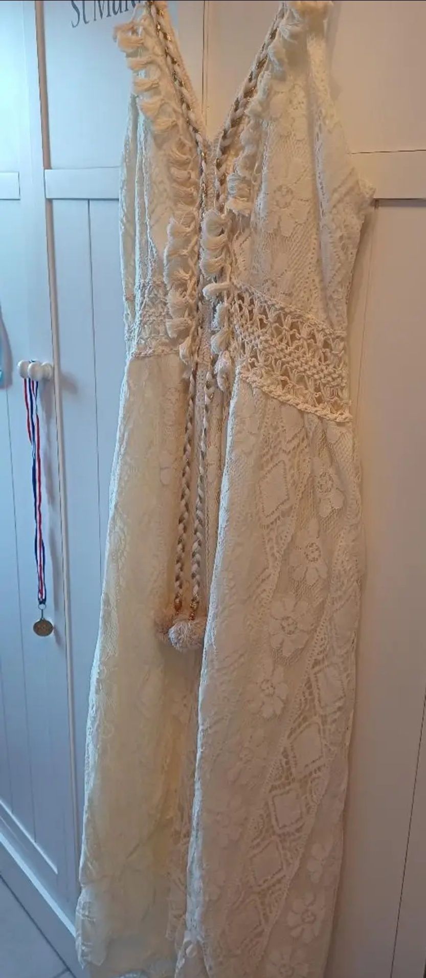 Sukienka kremowa koronkowa w stylu Boho asymetryczna nowa XL