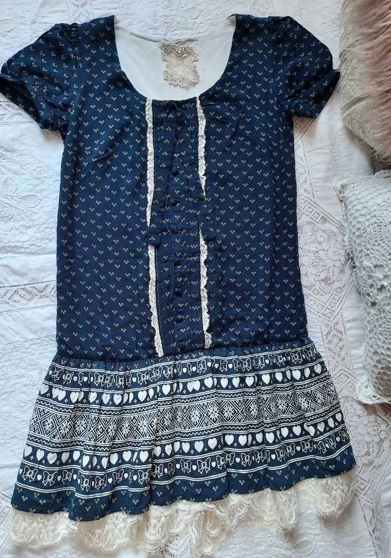 Boho ideał 100% Wiskoza Cudna sukienka koronki print granat biała S XS