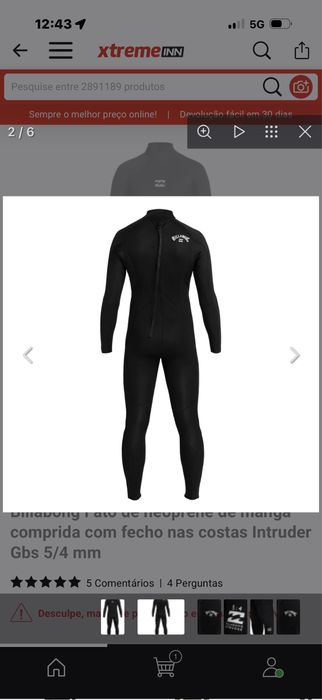 fato de surf neoprene de manga comprida com fecho nas costas 5/4m