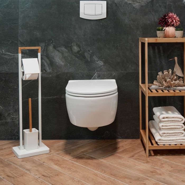 Nowy Zestaw WC Bambusowa Szczotka do Sedesu Uchwyt na Papier Biały