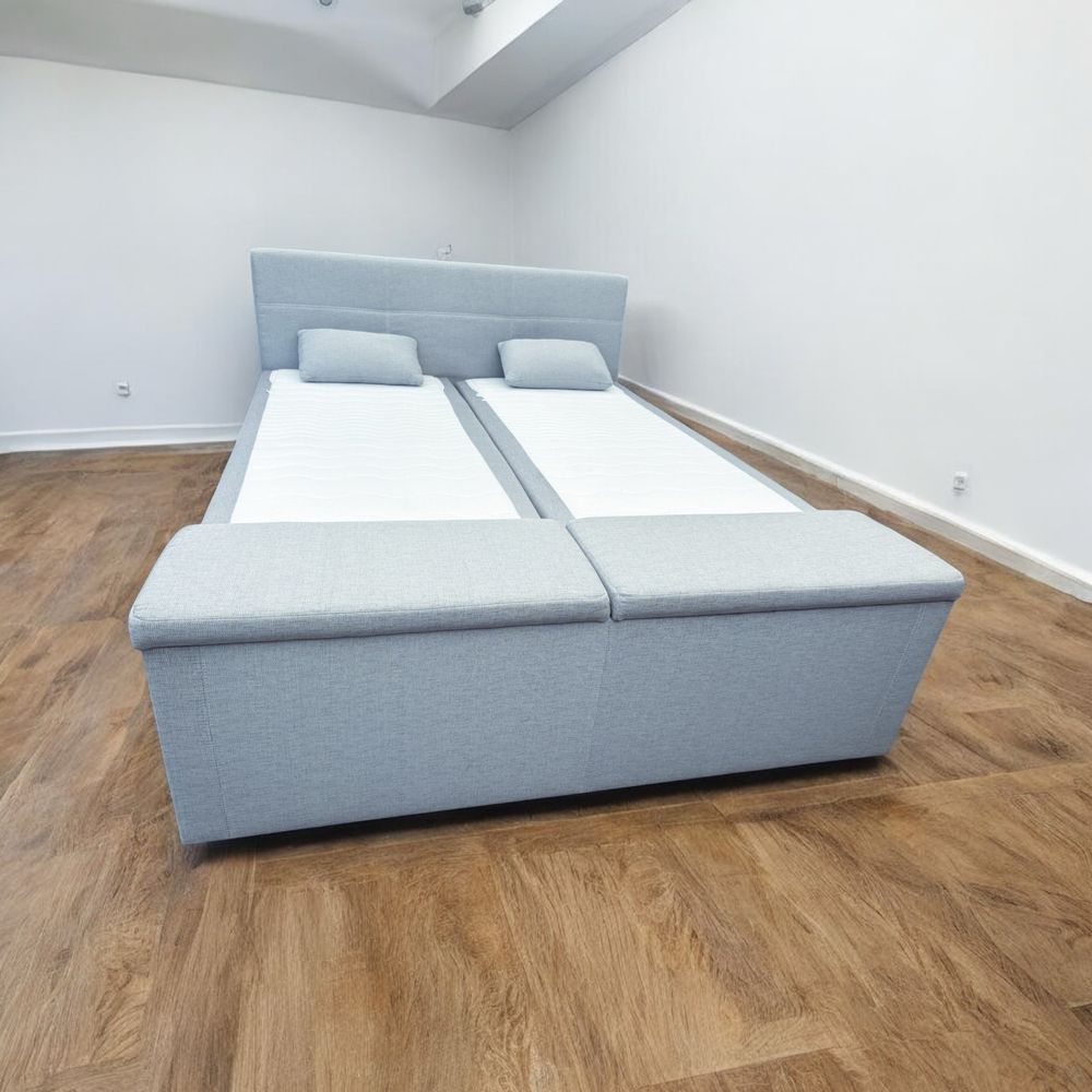 Łóżko kontynentalne box 180 ze skrzynią materacami jasnoszare trandpor