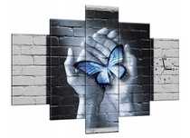 Duzy 105 x 150 cm OBRAZ Z ZEGAREM DRUKOWANY NA PŁÓTNIE motyl na dłoni