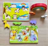 Zabawki drewniane- puzzle zwierzęta, Układanka z uchwytami, Tęcza