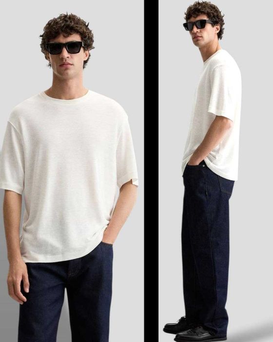 Мужская футболка ZARA белая, лёгкий меланж из конопли и вискозы, р. L