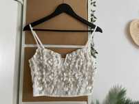 Crop top biały złoty haftowany elegancki zmysłowy półgorset XS 34 S 36