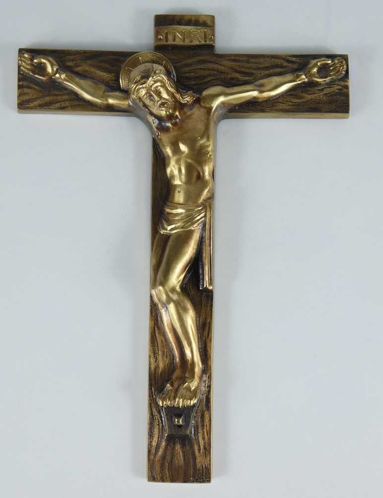 Krzyż krucyfiks brąz Art Deco JEZUS sygnowany 28cm