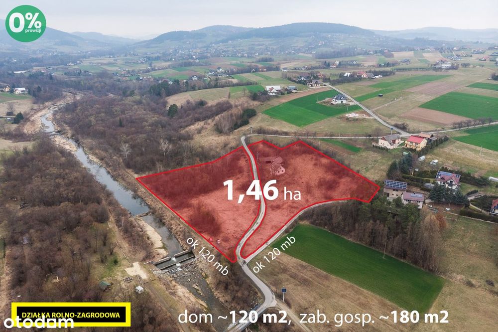 Stare siedlisko 1,4 ha, dom+stodoła+stajnia, nad rzeką, blisko Sącz