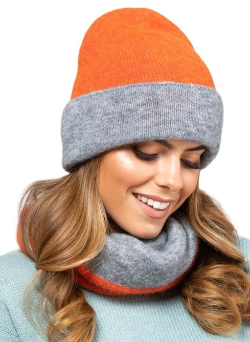 Czapka damska dwustronna rudo-szara