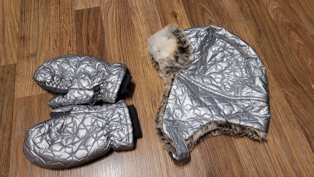 H&M czapka pilotka srebrna rękawiczki komplet zimowy