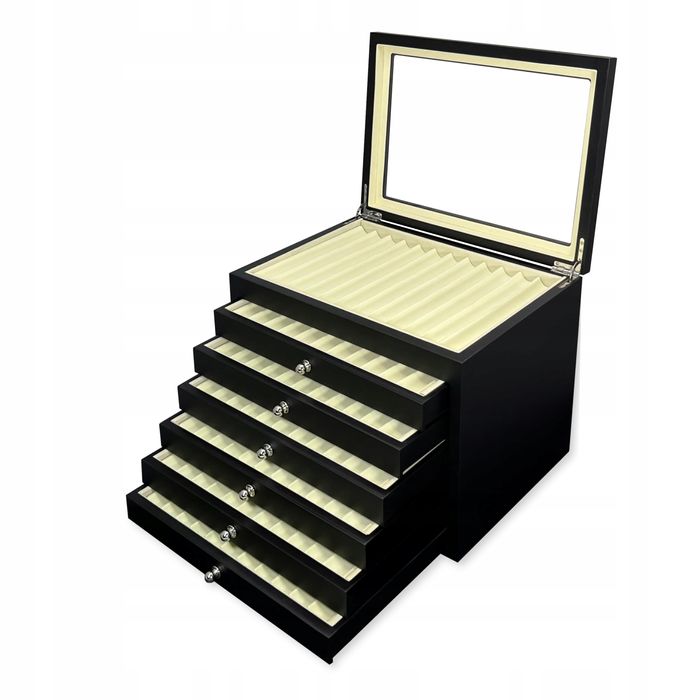 Drewniany organizer na 78 ołówków z witryną szkło mikrofasera