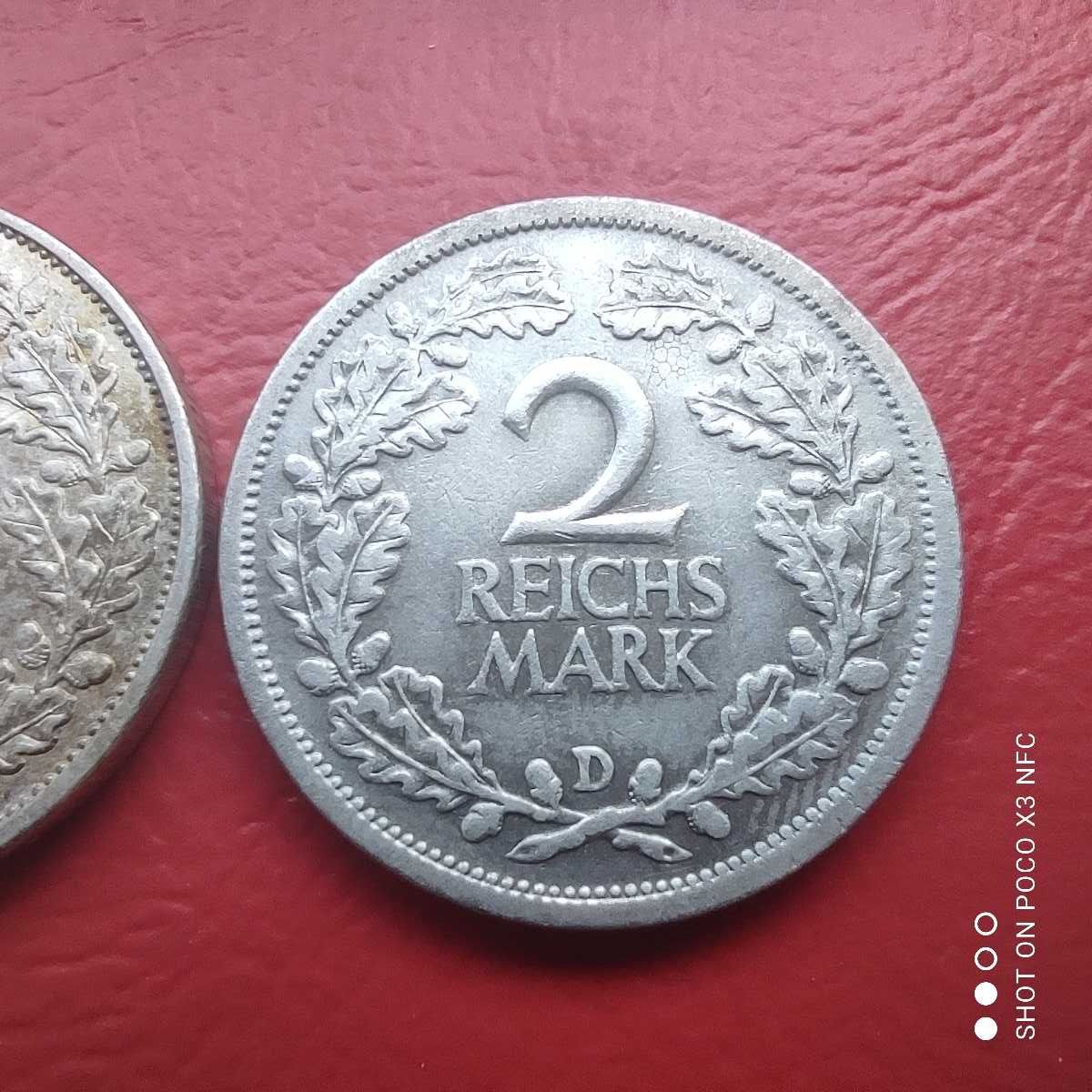 Monety srebrne 2 Reichsmarki Niemcy 1926 typ A i D srebro ag ładne.