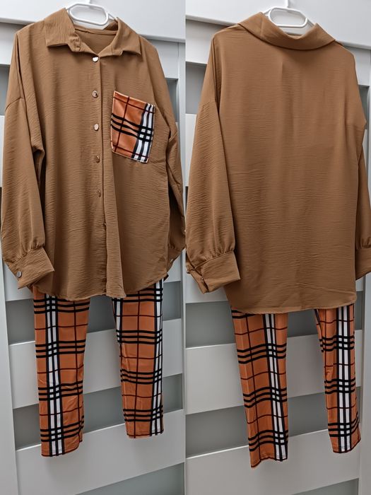 Zestaw 3 cz. krata uni na S M L xl łegi koszula + bluza komplet dres o
