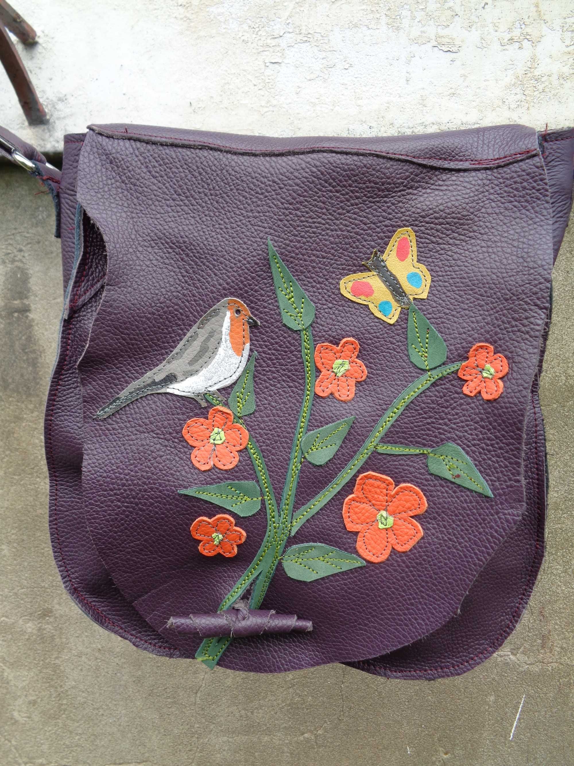Artystyczna skórzana torba z kwiatkami. Handmade