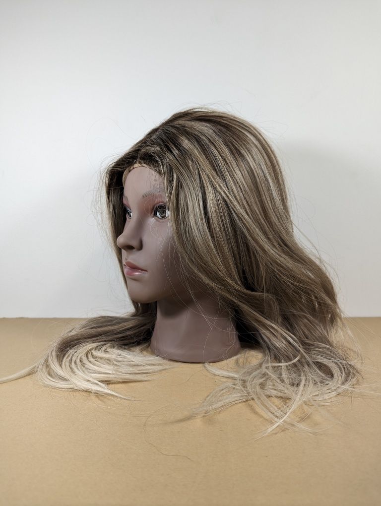 Peruka damska ombre front lace proste włosy blond odrosty brąz ~50 cm