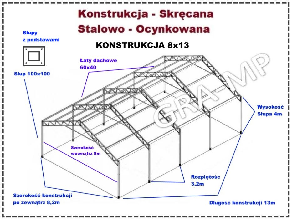 NOWA Konstrukcja 8x13 stalowa ocynkowana wiata magazyn hala garaż