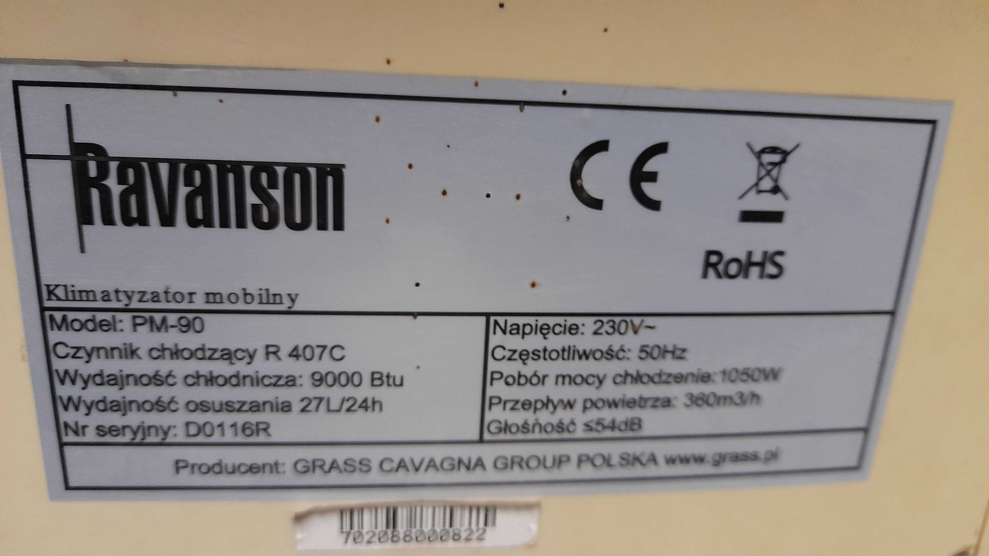 Klimatyzator przenośny sprężarkowy Ravanson PM-90