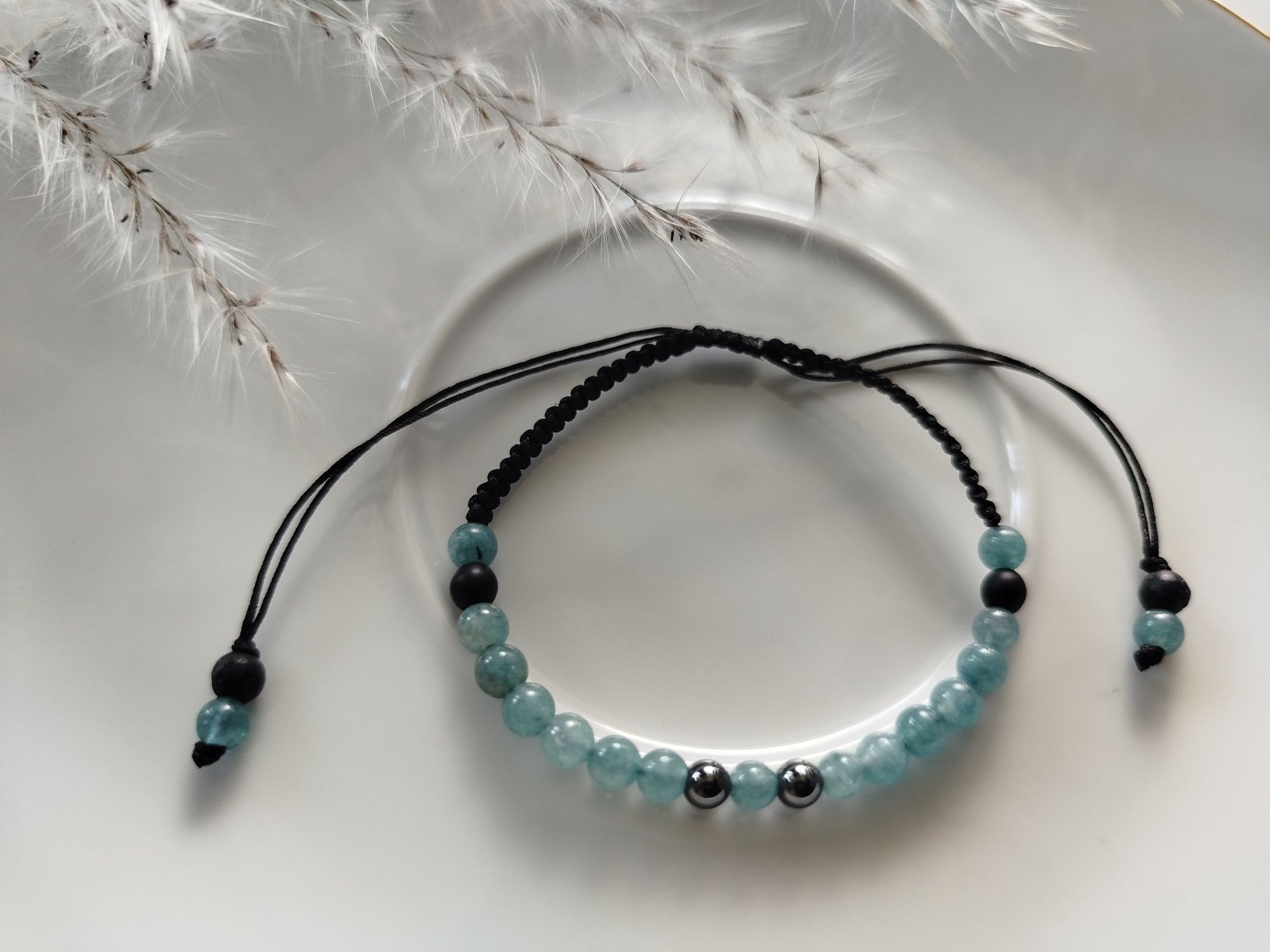 Bransoletka handmade kamienie naturalne z Hematytem, Akwamaryn