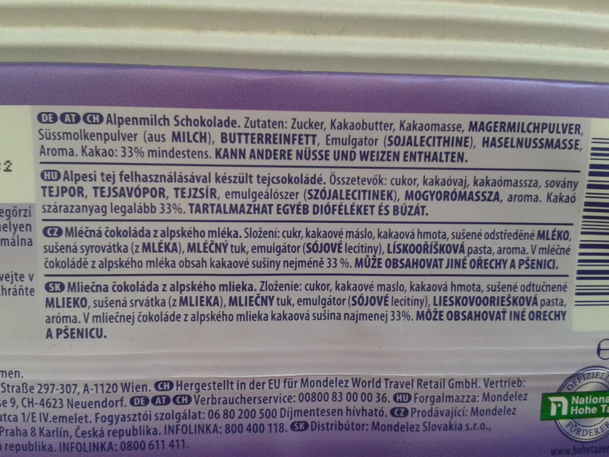 MILKA Czekolada mleczna Alpenmilch z pastą z orzechów z Niemiec 100gx2