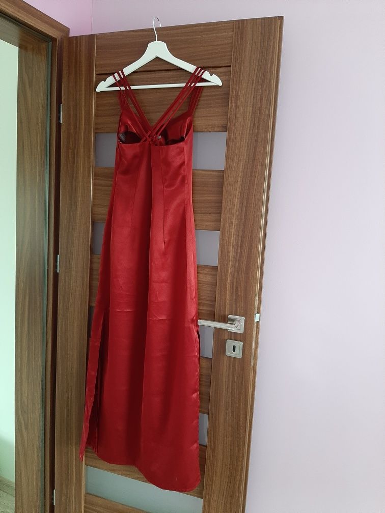 Suknia sukienka satynowa bordowa długa 38 wesele chrzciny studniówka
