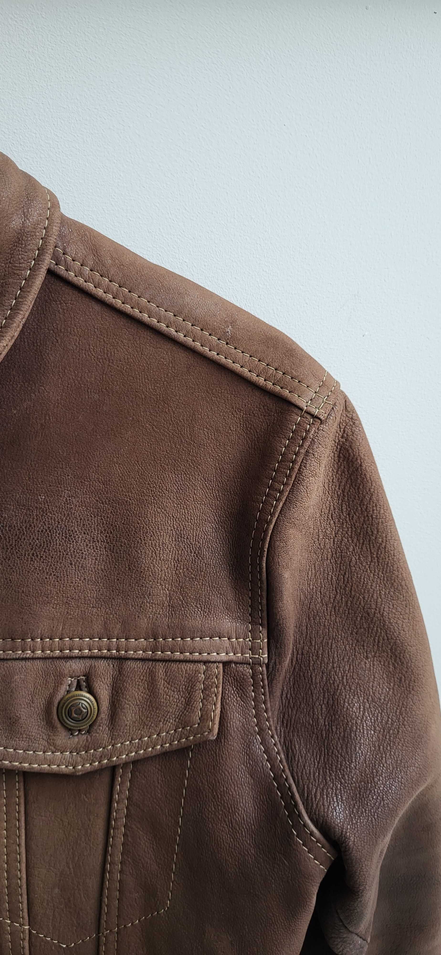 Vintage trucker jacket skórzana brązowa kurtka S