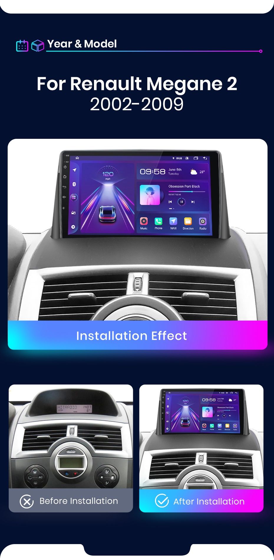 Rádio 9" android 2/32GB Renault Megane 2 CARPLAY WIFI GPS Novo