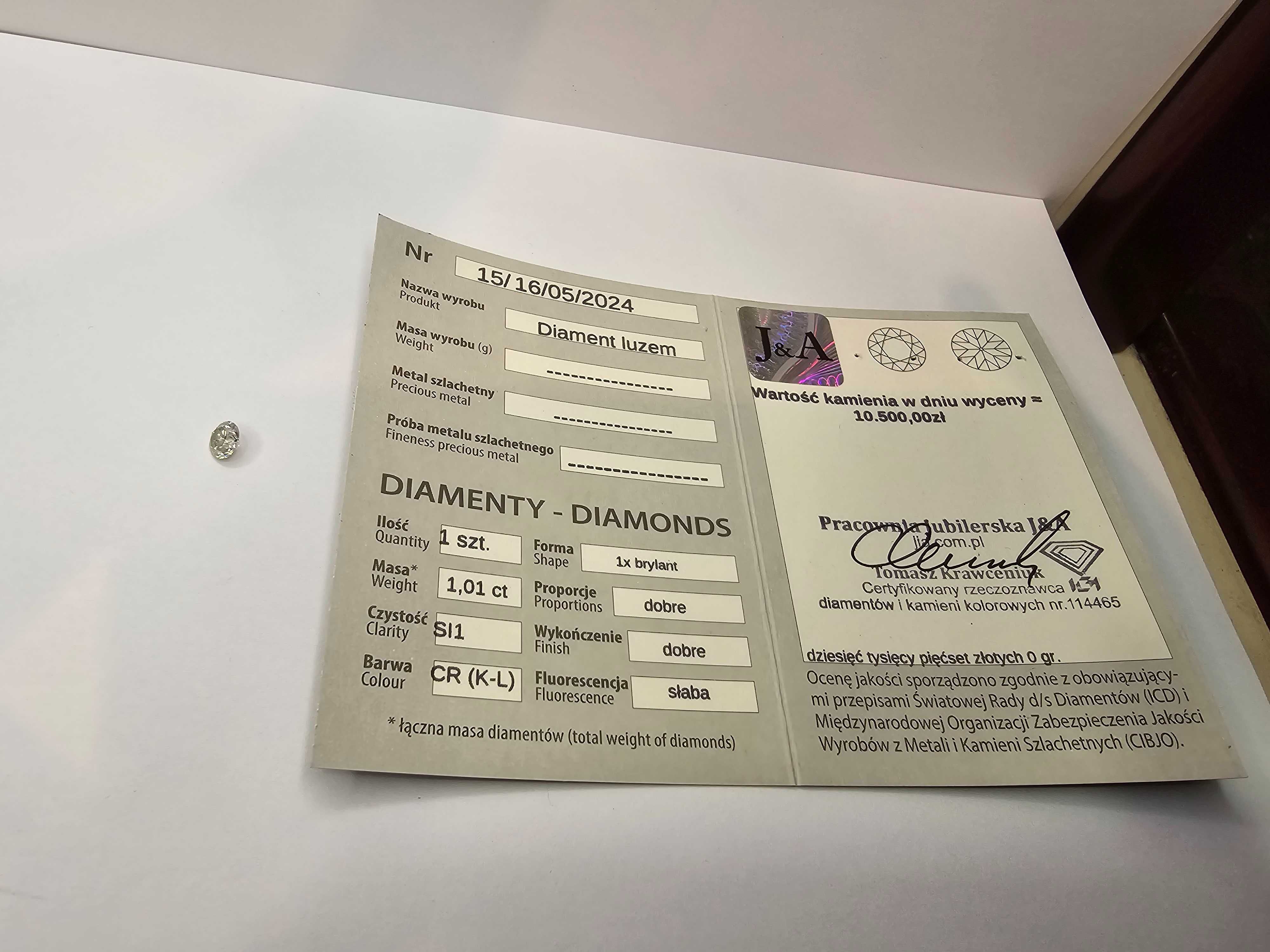 Diament 1.01 ct czystośc SI1 Barwa CR certyfikat