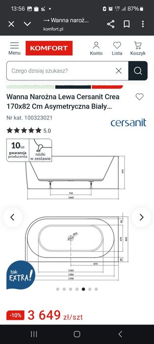 Wanna wolnostojącego lewa 170×82 nowa