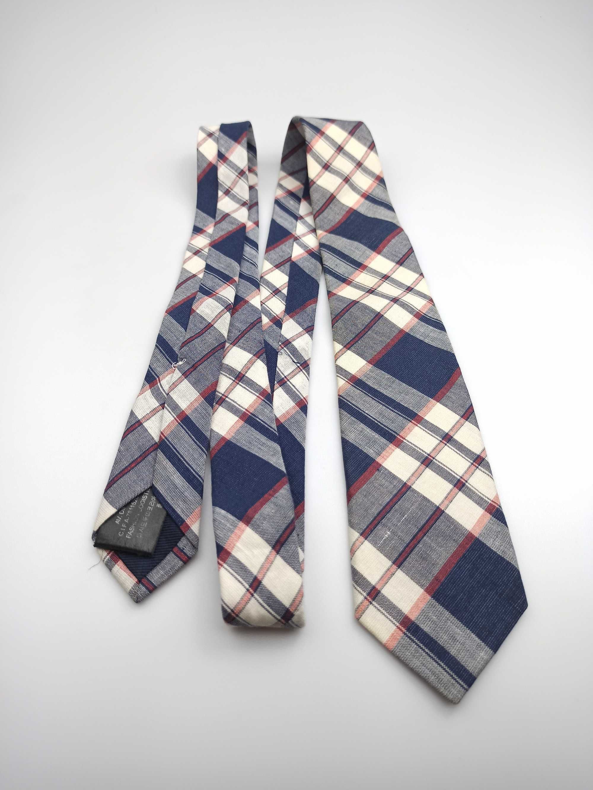 Massimo Dutti lniany bawełniany niebieski krawat w kratkę mpi154