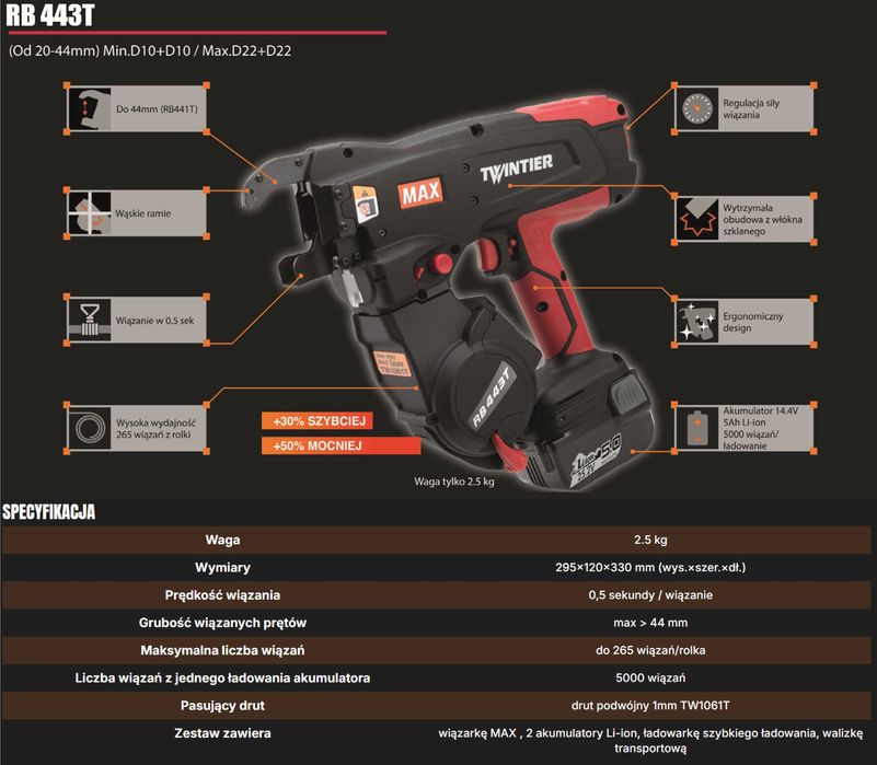Top Wiązarka do zbrojenia zbrojeń MAX RB443T do prętów dla zbrojarzy